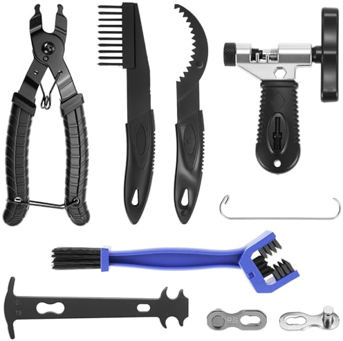 QWORK® Kit de réparation pour chaîne vélo, comprenant un outil pour chaîne, une brosse de nettoyage et 5 rivets pour chaîne, compatible avec vélos 6 à 12 vitesses