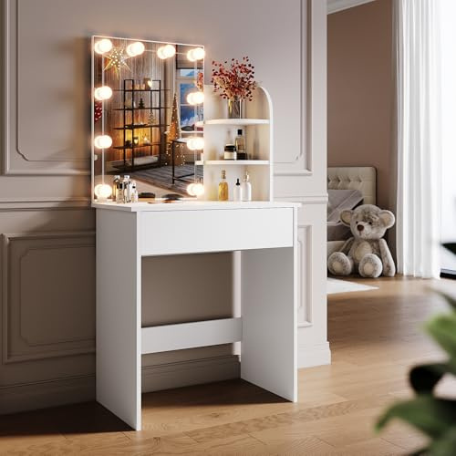 SONNI Sminkbord med 10 LED-belysning och HD-spegel, med 10 justerbar ljusstyrka, 3 färger, sminkbord med lådor för sovrum, 3 öppna fack, vitt, 70 x 40 x 140 cm
