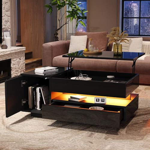 Goldicoo Mesa de centro con LED, altura regulable, 95 x 50 x 40 cm, color negro brillante, con cajón y armario, tablero de partículas, mesa elevadora hidráulica con espacio de almacenamiento oculto