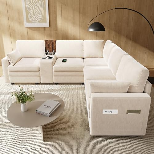 MODENVIE Modernes Ecksofa L-Form 5-Sitzer, Bequemes Cloud Sofa mit Mittelkonsole & USB-Anschluss, Modulares Funktionssofa mit Getränkehaltern & Stauraum, Beige