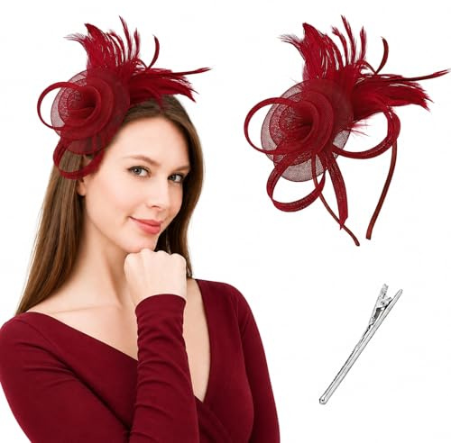 GEEKPC Burgundy Mesh Flower Fascinator with Feather Accents for Weddings and Races - Adjustable Headband Hair Clip for Women, Formal Events, Parties and Special Occasions, Headpiece
