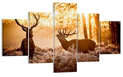 Mehrteilige Bilder auf Leinwand Deer Heidekraut Tier Leinwandbild 125x70cm Wandbilder Dekoration Wohnzimmer Schlafzimmer Set 5 teilige Klein Wanddeko Bild Wand Kunstdruck Art Canvas EA125x70-3043