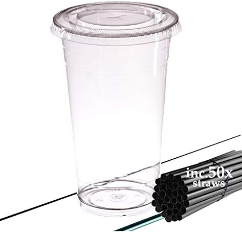 AIOS 50 x Re-usable Takeaway Cups with lids. 400ml/12oz. Includes compostable Straws pk50. for Drinks on The Move, Parties, Camping, picnics, Garden, Home & fits car Holders. for iced or hot Drinks.