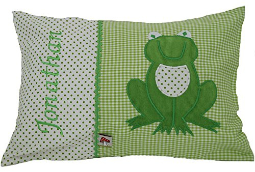 Glückspilz Namenskissen Babykissen I Frosch I mit Namen personalisiert I Geschenk zu Geburt, Taufe oder Geburtstag I Grün