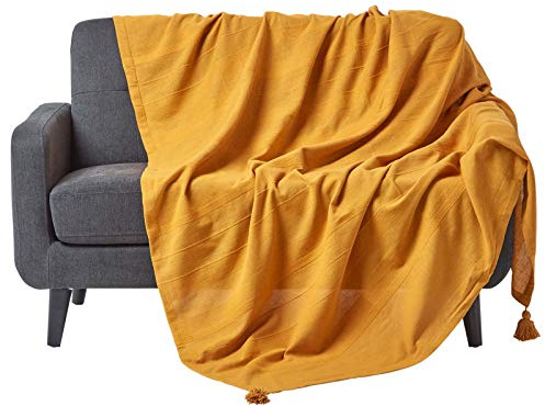Homescapes Wohndecke Rajput gelb – leichte Baumwolldecke 255x360 cm, Tagesdecke aus 100% Baumwolle, Sofaüberwurf handgewebt mit Streifenstruktur, Couch-Überwurf mit Quasten, Oeko-Tex