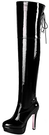 MISSUIT Damen Lack Overknee Stiefel High Heels Plateau Stiefel Stiletto Langschaftstiefel Schnürung Herbst Winter Schuhe (Schwarz,39)