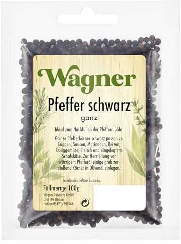 Wagner Gewürze - Pfeffer schwarz ganz | 100 g im Beutel | Zum frischen Vermahlen | Für dunkle Speisen | Für die Pfeffermühle