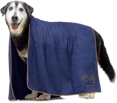 Lucky Paws® Serviette Chien Super Absorbante – Serviette pour Chien XL 140x70cm, Microfibre Ultra Douce, Séchage Rapide, Serviettes Artisanales de Qualité pour Chiens (Lot de 1, Bleu Marine)