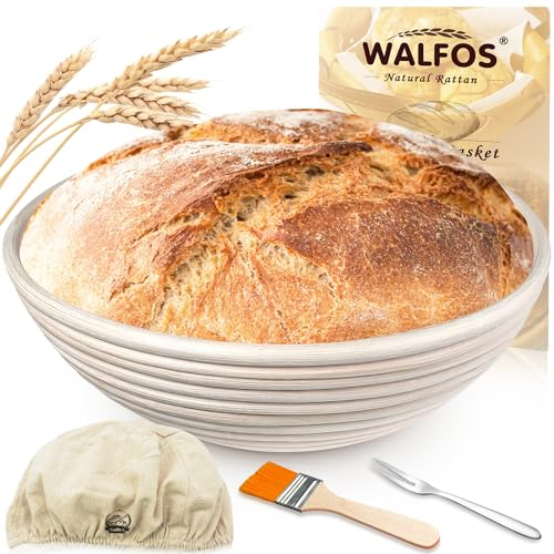 Walfos Banneton Proofing Basket - Set di cestini da fermentazione, ø 25 cm, con 100% rattan naturale, forchetta per pane e rivestimento in lino, ideale per panettieri domestici e professionali