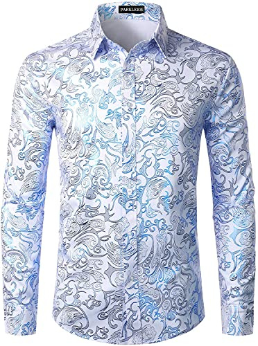 PARKLEES Camicia da uomo di lusso Paisley con motivo dorato lucido, slim fit, per il tempo libero, M