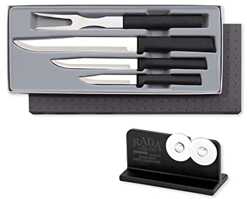 Rada Cutlery Prepare Then Carve Gift Set (G23C) with Quick Edge Sharpener (R119), 4-Piece Knife Set and Knife Sharpener, Stainless Steel Blades, Black Handle