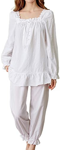 Homgro Damen Baumwolle Zweiteiliger Pyjama Set Vintage Langarm Oberteil und Hose Spitze Rüschen Nachtwäsche Viktorianische Nachtwäsche