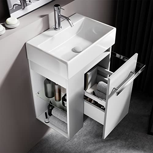 BRIDGE BENO Mobiletto Da Bagno Da 50 cm Con Lavabo in Ceramica, Cassetto Con Chiusura Ammortizzata, Maniglia Per Asciugamani, Opzione Sinistra/destra, Bianco Opaco