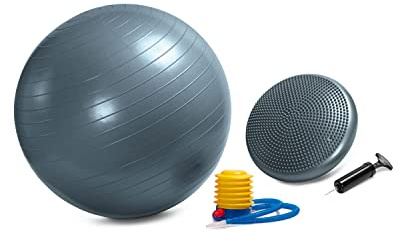 CLUB4BRANDS Set Cojín de Equilibrio y Pelota de Ejercicio 65 cm – Cojín Balance 33 cm con Bomba – Entrenamiento de Core, Yoga, Pilates y Ejercicios de Espalda Gris Azul – C4B