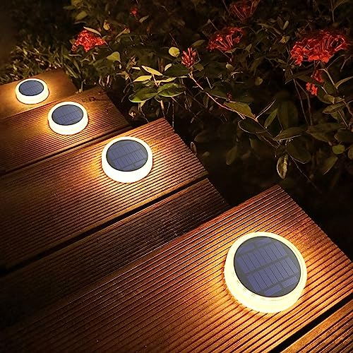 Lacasa Luces Solares Jardin, 4 Pack 30LM LED Lámpara Solar Exterior IP68 Impermeable Luz Solar del Piso Auto ON/OFF Lámparas Solares para Step Camino Deck Dock Valla, Blanco Cálido 2700K Redondo