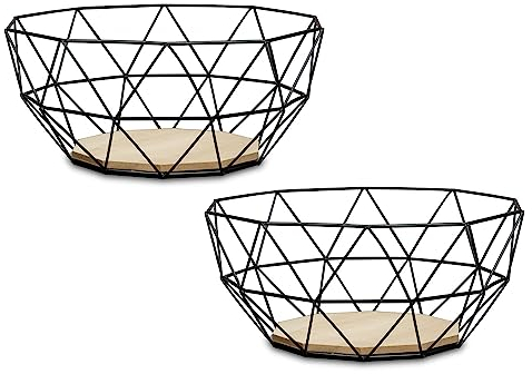 levandeo 2er Set Korb Metall Schwarz 26x12cm Obstkorb Modern Holz MDF Braun Schüssel Schale Deko Design Tischdeko