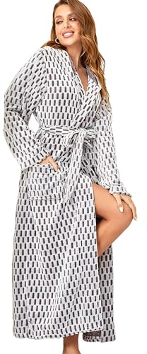 RONGTAI Womens Robes Plush Fleece Hooded Bathrobe Thick Nightgown with Pockets Fluffy Sleepwear Plaid-S