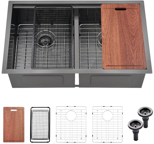 Doirteal 32x19x10 Inch Undermount Kitchen Sink, Nano Black 304 Stainless Steel Deep Double Bowl with Efficient Drainage and Tarnish-Resistant Finish for Bar, Laundry, RV, Includes Accessories