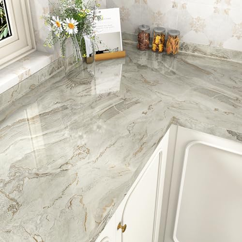 HotDecor Film Adhésif Pour Meuble Papier Peint Marbré Brillant Revêtement Mural Beige Or Lavable Rouleau Décoratif Pour Plan De Travail Cuisine 60cm x 300cm