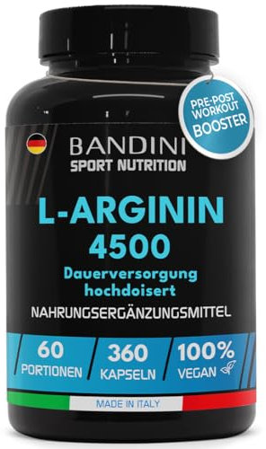 Bandini® L-Arginine 360 Capsules - 4500 mg High Dosage - Caps with Pure L Arginin HCL Powder - Natural Food Supplement - No Additives, Vegan - Ideal for Athletes - Italian Quality