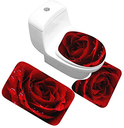 Bad Teppiche Set 3-Teiliges Rote Rose Tautropfen WC Vorleger Mit Ausschnitt Badematte Saugfähig WC Deckelbezug Badvorleger rutschfest Waschbar Toilettensitzbezug Badgarnitur (45x75cm)