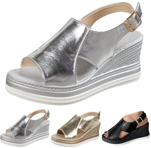 Conquerory rosa ortopediska sandaler, bekväma ortopediska skor med fotvalvsstöd för kvinnor, sandaler med platåkilklack och spännen på ankelremmen, silver, 41 EU