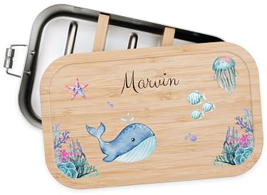 Bärenfreunde® - Personalisierte Brotdose für Kinder mit Spezial-Druck - Robuste Edelstahl Brotdose - Personalisierte Geschenke für Kinder & Erwachsene (Unterwasserwelt,GROSS Edelstahl)