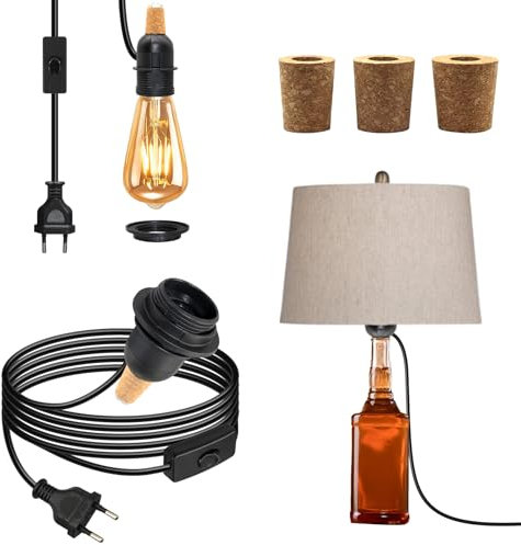 Lampenfassung für Flaschen, Schwarz Flaschenadapter Lampe, E27 Lampenfassung für Flaschen mit Kabel und Schalter 240cm, Tischlampe für Weinflaschen, Flaschenlicht für lampenschirm, 3 Arten Bung