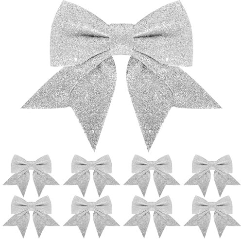 8 Pack Glitter Silver Christmas Bows Christmas Tree Bows 6 inch Wide, Silver Bows for Christmas Tree Decorations Gift Wrapping Ornaments Xmas Wreath Bows Garland Crafting Decorations Bows Supplies