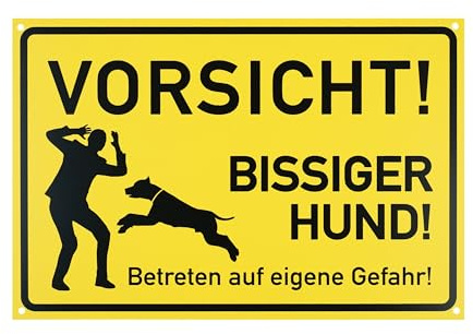 Warnschild VORSICHT! BISSIGER HUND! Betreten auf eigene Gefahr!, 1 Stück, 30 x 20 cm, 2,7 mm PVC Schild mit Bohrlöchern, Achtung Hund Schild, Zweibeiner Tor Hinweisschild, gefährliche Hunderasse