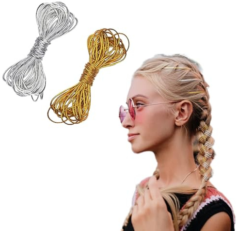 2Pcs 5M Elastic Cords Braids Hair Accessories, Hair Strings Braids Silver Gold Braiding Hair Deco Styling Stretchable African for Women Hair Braiding Ornament Hanging and Gift Wrapping