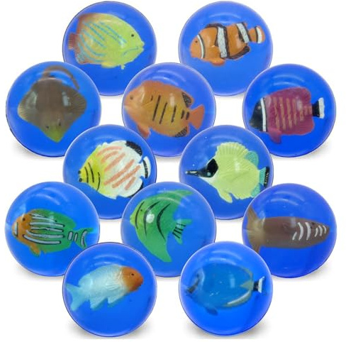 12 Pieces Bouncy Balls for Kids with Mini Fish, Rubber Bouncing Ball Toys with Marine Animals Inside, 1.7inch Party Favors and Goodie Bag Fillers for Boys and Girls, Super Bouncy Balls