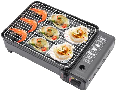 MEELRYD Petit barbecue à gaz de camping, kit de barbecue de camping, barbecue à cassette portable avec grille, poêles et autres accessoires pour les voyages, le trekking et la cuisine en plein air