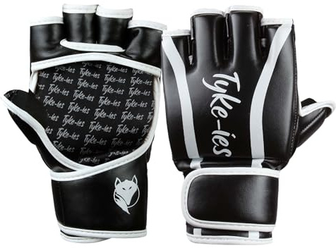 Tyke-ies MMA Gloves - Fingerless, Padded, Open Palm Design for both Striking and Grappling - MMA Sparring Gloves – Men, Women, Adult - Black - Sizes Small to X-Large