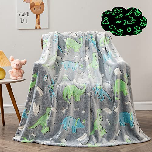 Überwurfdecke, leuchtet im Dunkeln, niedliche Dinosaurier-Decke für Jungen und Mädchen, weiche, gemütliche, flauschige Fleece-Kinderdecke, graue Kleinkinddecke für Kinder, Weihnachten, Geburtstag,