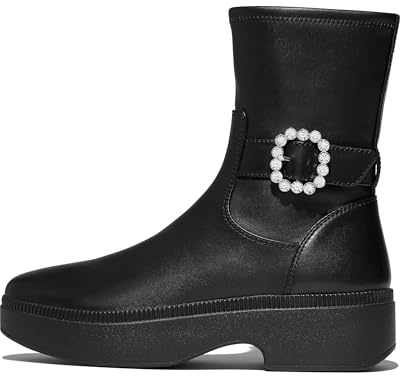 Fitflop F-luma - Stivali corti da donna in pelle con fibbia in cristallo, Nero, 40 EU