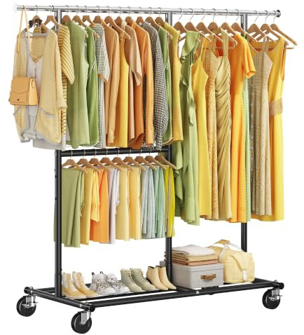 REIBII Clothes Rail with Wheels & Shoe Shelf, Compartment Section, Black | 136KG Loading, Sturdy Carbon Steel, Adjustable, Heavy-Duty, Easy to Assemble, Space-saver, Bedrooms, Walk-in Closets