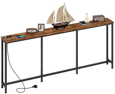 CHOEZON DTXG18CBF 180 cm konsolbord, hallbord med laddningsstation, smalt soffbord med 2 uttag och 2 USB, sidobord för vardagsrum, entréområde, rustikt brunt och svart
