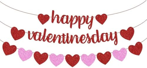 Happy Valentine's Day Girlande, Rot Rosa Glitter Herz Girlande Banner für Mädchen Damen Valentinstag Valentines Theme Party Decor Supplies