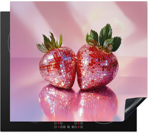 KitchenYeah© Herdabdeckplatte Einteilig Ceranfeld Abdeckplatte Küche Deko | 60x52 cm - Ceranfeldabdeckung Herdabdeckung Induktionsmatte Disco - Obst - Glitter - Erdbeere