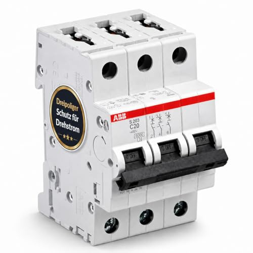 ABB S203-C20 Leitungsschutzschalter 3-polig C20A 6kA Sicherungsautomat System pro M compact, LS-Schalter für Drehstrom, Sicherungsschutzschalter nach DIN VDE, Phasenschienenfähig
