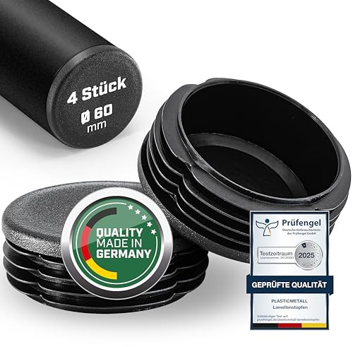 plasticmetall® Lamellenstopfen rund Ø 60 mm für Rundrohr [4 STK] I Rohrstopfen aus PE - Ideal für Aluprofil, Gartenmöbel, Stuhlbeine & Mehr I Runde Verschlussstopfen mit FUNKENEROSION-Struktur