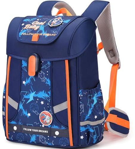 Amythe Schulrucksack Jungen Ergonomisch 1-4. Klasse mit Brustgurt, 2025 Kinderrucksack Schule 6-10 Jahre Schulranzen mit Abnehmbarer Gürtel und Reflektierend-Blau