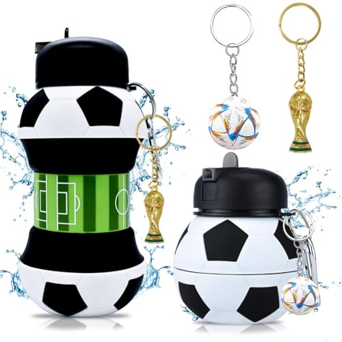 Bottiglia d'acqua Pieghevole per Bambini e Adulti, Borraccia Silicone Calcio con Portachiavi a Forma di Trofeo, Bottiglia 550 ml Thermos Adatta a Campeggio Viaggi Sport per Regalo (Arancione)