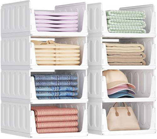 Lifewit Organizer Armadio Interno, Impilabili Contenitori per Vestiti, Contenitori con Cassetti Salvaspazio Estraibile, Scatole Portaoggetti per Cucina, Bagno e Camera da Letto, 24L, Bianco, 8 Pezzi