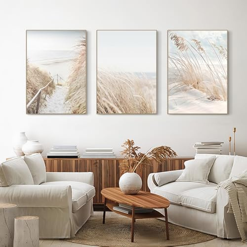 3 Bilder Natur Beige 50X70CM Poster Set Pampasgras Boho Bilderwand Wohnzimmer Leinwand Schlafzimmer Boho Bilder Meer und Strand Poster Modern Art Bilderwand Beige ohne Rahmen