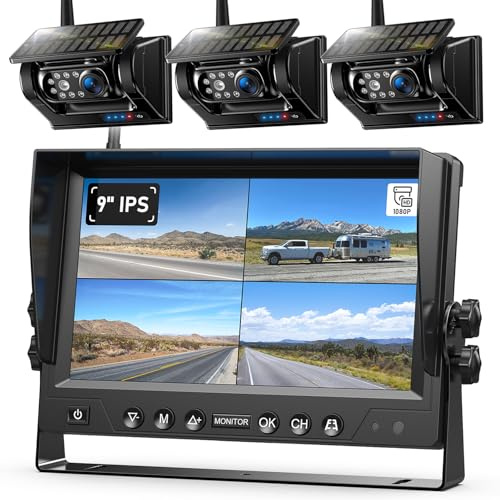 3 Solar Magnetische Rückfahrkamera Kabellos 9 1080P HD Monitor | 9600mAh Akku, 1 Min Installation, IP69K Wasserdicht Rückfahrkamera Funk für Anhänger, Wohnmobile und LKWs