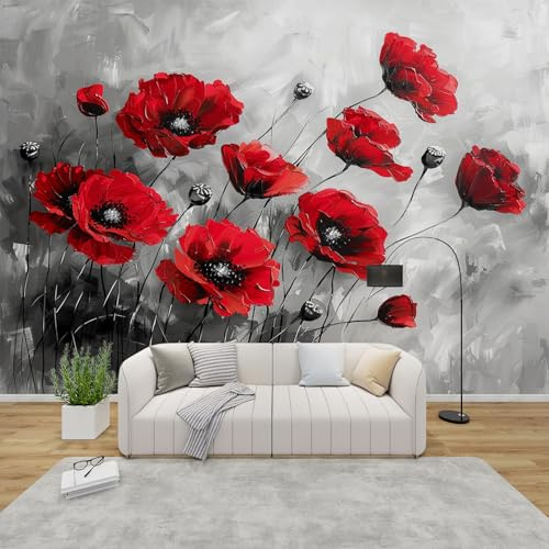 QEODAH Fototapete Mohn Schlafzimmer, 3D Tapete Rote Mohnblumen, Vliestapete Rot Grau, Tapeten Wohnzimmer Muster, Aquarell Blumen Wand Deko Kinderzimmer, Wandtapete, Mustertapete Vlies 200x140 cm