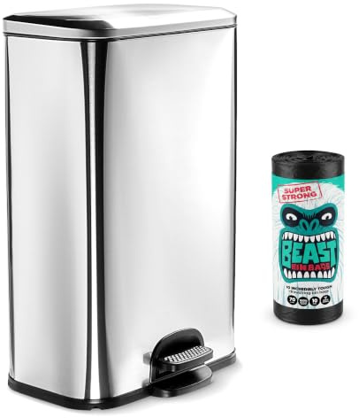 NOVECRAFTO 50L Pedal Kitchen Bin – Rubbish Bin with Soft-Close Lid, Durable Pedal, Removable Inner Bucket, Hands-Free Use, Fingerprint-Resistant – Silver Stainless Steel