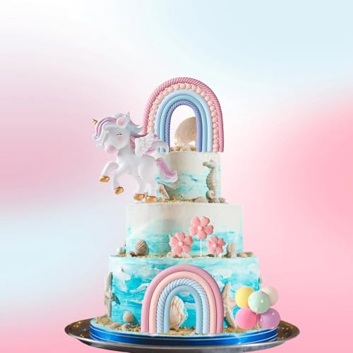 Unicorn Cake Topper Set - 3D Rainbow Cake Decorations for Birthday Parties | Unicorn-Themed Fondant Topper with Rainbow Arches & Decorative Balls